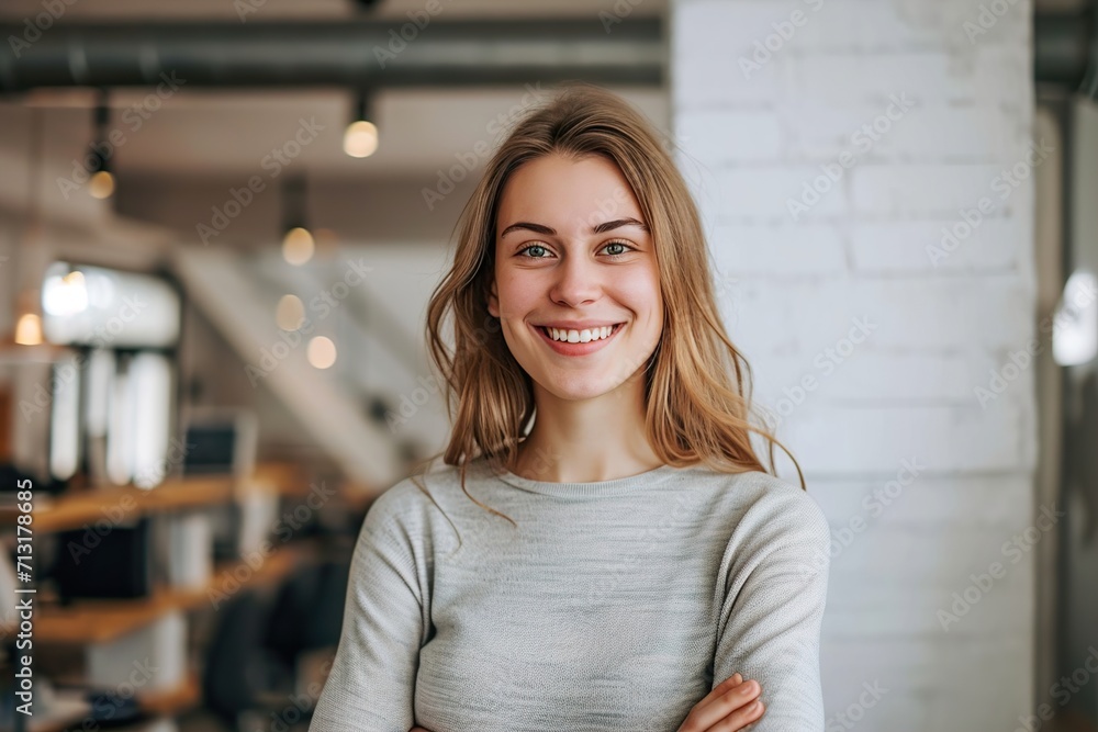 Portrait of young smiling woman looking at camera in the creative office Portrait of young smiling woman looking at camera in the creative office