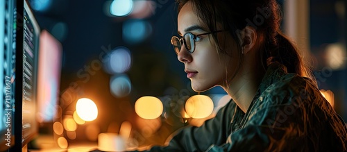 Woman reading and glasses reflection in office at night working on computer email or planning business schedule Female worker pc tech screen and overtime web research in dark company workplace