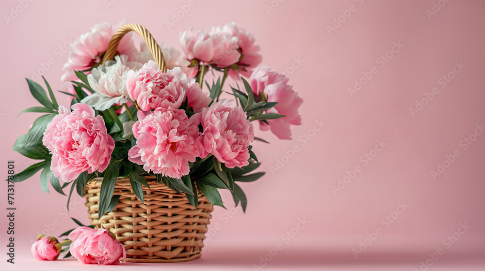 Blossoming Affection. A charming arrangement of peonies in a wicker basket, perfect for expressing love on Valentine's Day or appreciation on Mother's Day