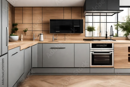 Close up of modern kitchen interior with wooden countertop and built in ovens.