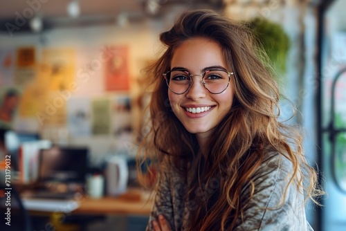 Portrait of young smiling woman looking at camera in the creative office