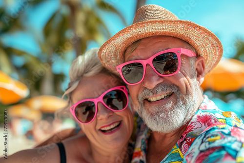 Golden Years Getaway. A joyful senior couple enjoying a vibrant summer vacation, showcasing timeless love and adventure in their golden years.
