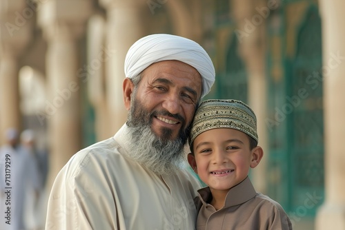Muslim father and son smiling to camera in front of mosque