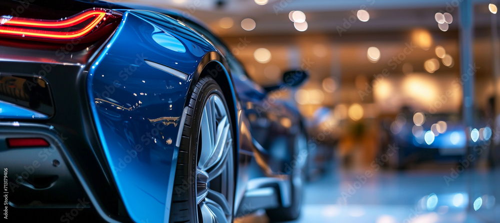 Blue luxury car at a dealership