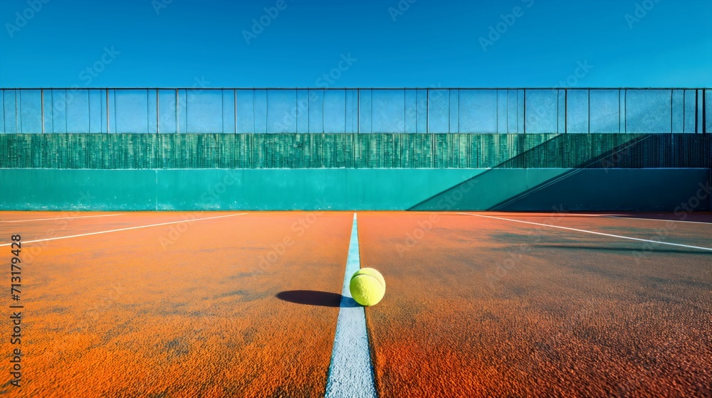 Photography of a green tennis ball on an empty orange tennis court, Recreational sports field surface or ground with white lines Photography of a green tennis ball on an empty orange tennis court, Recreational sports field surface or ground with white lines