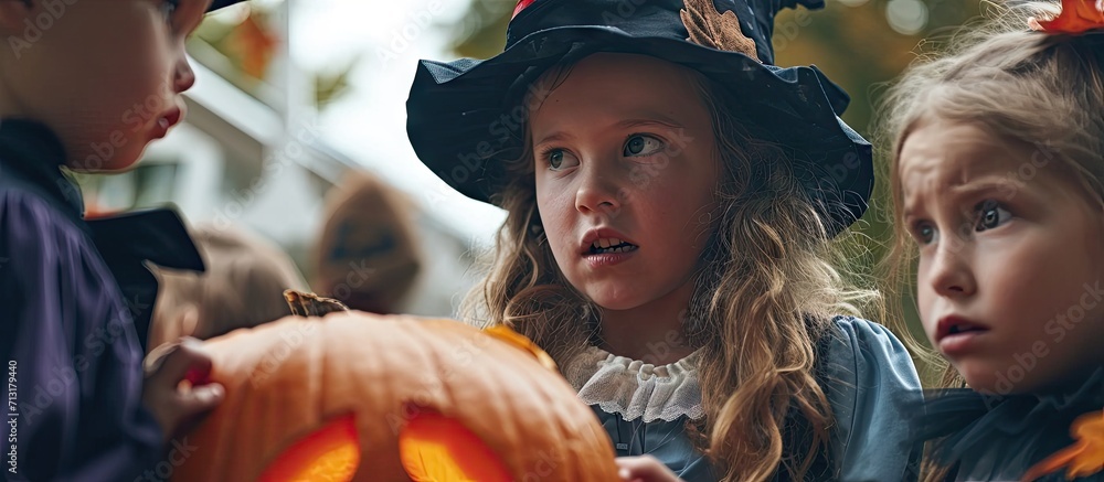 Children trying to scare their female teacher and take her pumpkin at a Halloween school party Group of kids dressed up in spooky costumes playing a trick on an adult woman who refuses to give