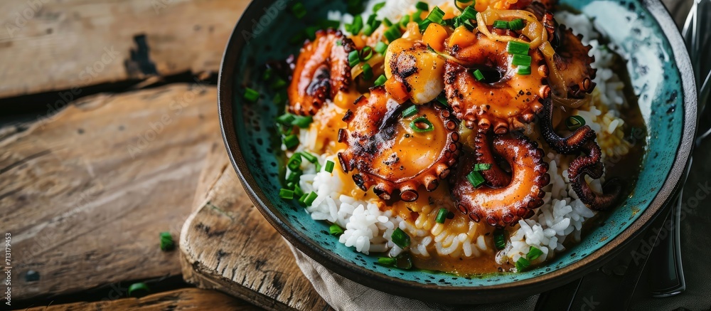 Octopus curry with rice and chives. Copy space image. Place for adding ...