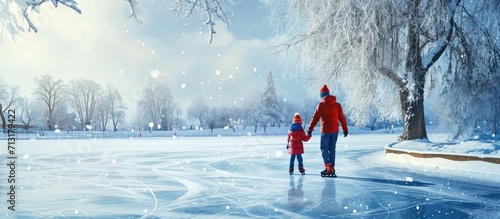 A family playing at the skating rink in winter. Copy space image. Place for adding text