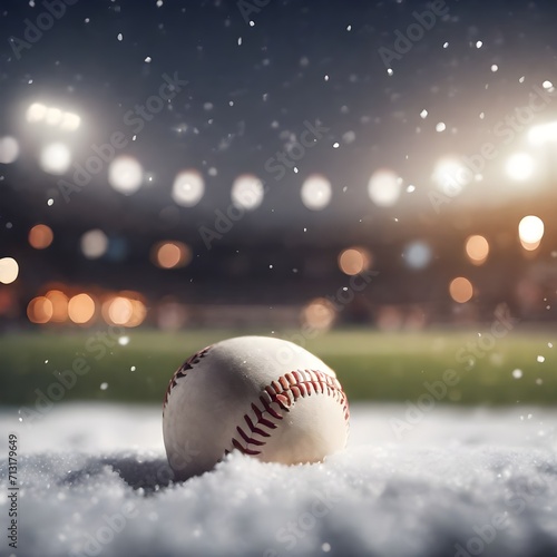 Snow-covered Baseball Ball with a Blurred Stadium Backdrop on Warm Night Ambiance