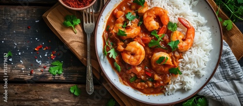 Spicy Homemade Cajun Shrimp Etouffee with White Rice. Copy space image. Place for adding text