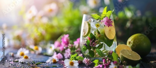 Iced lemonade with edible nasturtium flowers lime and mint leaves Refreshing summer drink Healthy organic summer soda drink Detox water Diet unalcolic coctail. Copy space image. Place for adding text