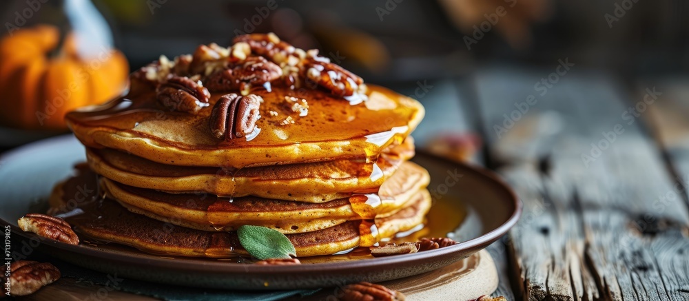 Stack of homemade pumpkin pancakes with pecans and maple syrup selective focus. Copy space image. Place for adding text
