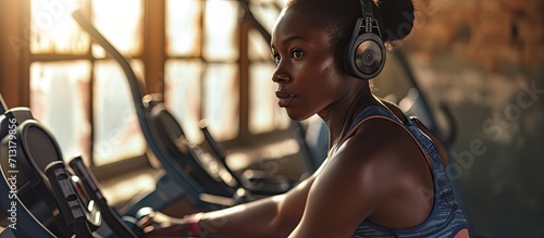 Fit African woman working out on a digital exercise bike engaging in cardio to maintain her health and wellbeing Woman using smart exercise equipment in her home fitness routine. Copy space image photo
