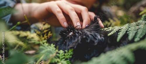 Woman hand picking a tick sucking blood on dog skin Dangerous carrier insect about canine blood parasites. Copy space image. Place for adding text photo