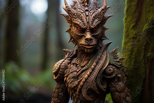  a serpentine humanoid wood sculpture that stylistically resembles Native American and ancient Chinese art
