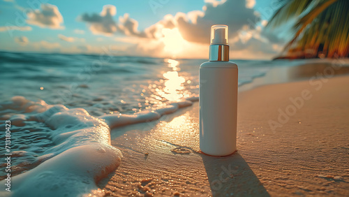Pump bottle cosmetic products on beach background. photo