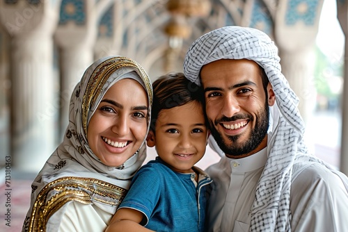 Muslim family smiling to camera in front of mosque photo