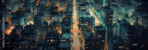 Aerial view of office buildings and traffic in downtown at night