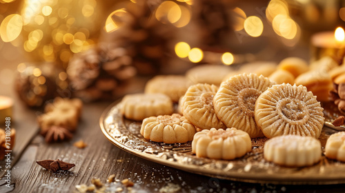 A close-up of delicious Eid cookies and treats, Islamic, Ramadan, blurred background, with copy space