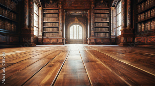 Empty wooden floor in a large old library
 photo
