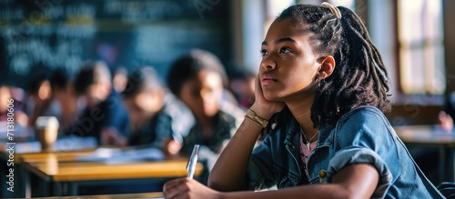 Beautiful Black Female Student Sitting Among Her Fellow Students in the Classroom She s Writing in the Notebook and Listens to a Lecture. Copy space image. Place for adding text photo