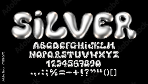 Glossy metallic silver font. Inflated alphabet, 3D ballon letters and numbers. Vector set