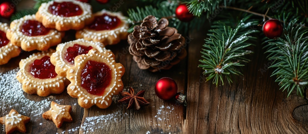 Plate with Christmas or New Year shortcrust cookies with red jam Traditional festive Austrian cookies with jam Linzer cookies. Copy space image. Place for adding text Plate with Christmas or New Year shortcrust cookies with red jam Traditional festive Austrian cookies with jam Linzer cookies. Copy space image. Place for adding text