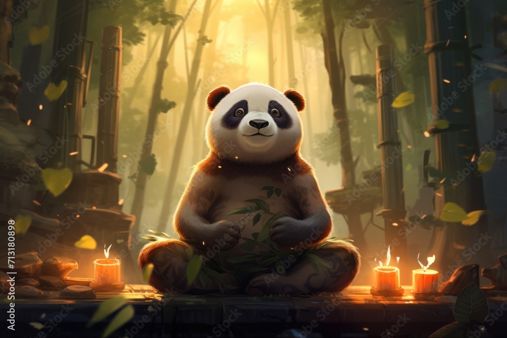 panda sitting in a meditation pose with candles in the background. Enlightenment, meditation and affirmations