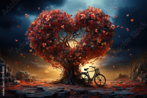 tree is extraordinary, spreading love like leaves. The bicycle has hearts, making it super special.  photo