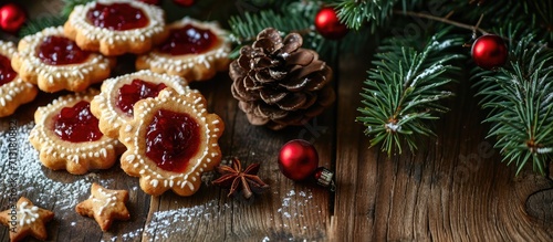 Plate with Christmas or New Year shortcrust cookies with red jam Traditional festive Austrian cookies with jam Linzer cookies. Copy space image. Place for adding text