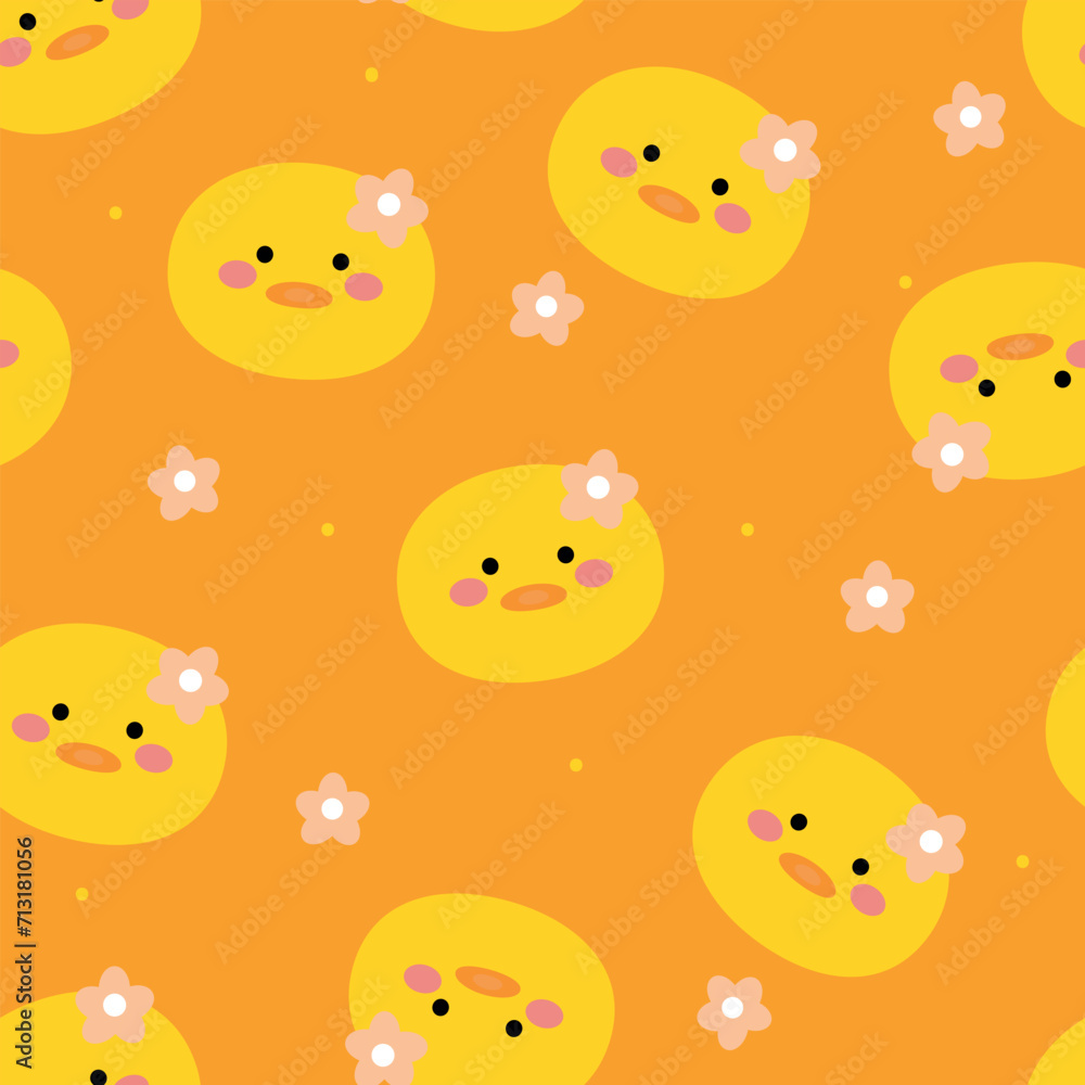 Seamless cartoon duckling pattern, cute wallpaper yellow background for gift wrapping paper, textile, colorful vector for kids, flat style Seamless cartoon duckling pattern, cute wallpaper yellow background for gift wrapping paper, textile, colorful vector for kids, flat style