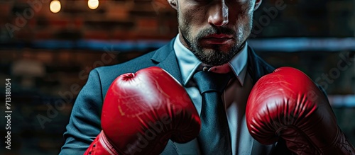 closeup punch of cropped businessman man in boxing gloves ready for corporate business battle selective focus knockout. Copy space image. Place for adding text © Ilgun