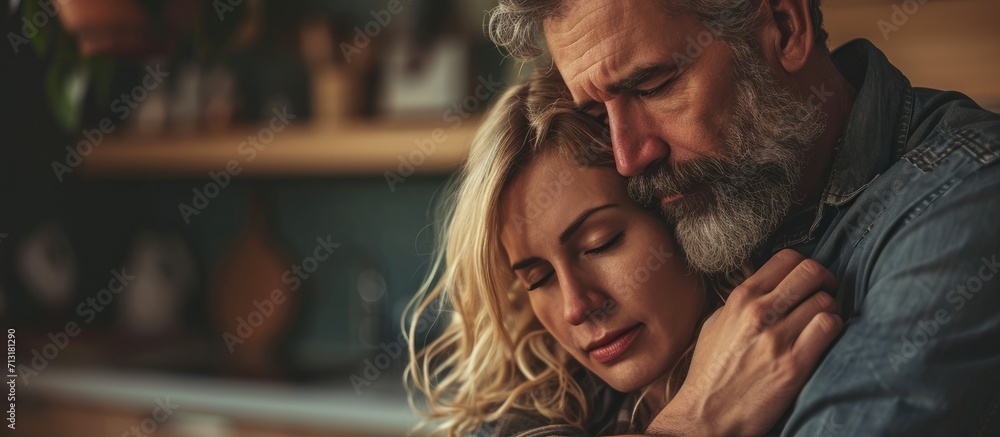 Loving supportive husband holding hand of sad wife supporting and comforting her while sitting together in living room at home Young couple expressing feelings and emotions in relationship - obrazy, fototapety, plakaty 