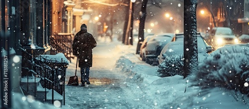 Man clear snow from sidewalk cleans footpath from snow during blizzard Utility worker shoveling snow on city street Janitor clearing snowy walkway with shovel Street cleaner. Copy space image