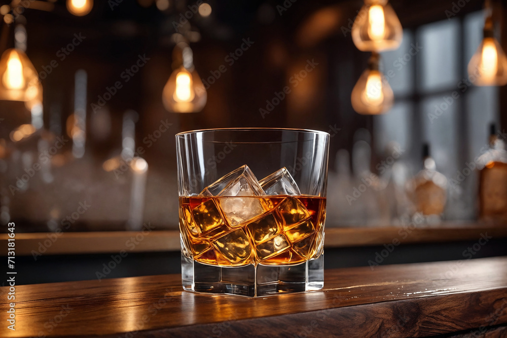 a glass of whiskey on the bar in front of the bar. Generative Ai a glass of whiskey on the bar in front of the bar. Generative Ai