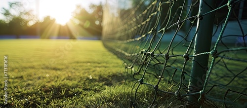 A close up view of a grass practice cricket nets. Copy space image. Place for adding text photo