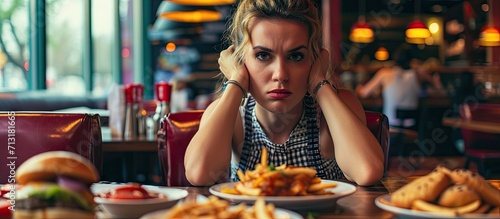 Picky Eater Having Problems Finishing a Course in a Restaurant Unhappy customer complaining about her food order in a diner. Copy space image. Place for adding text photo