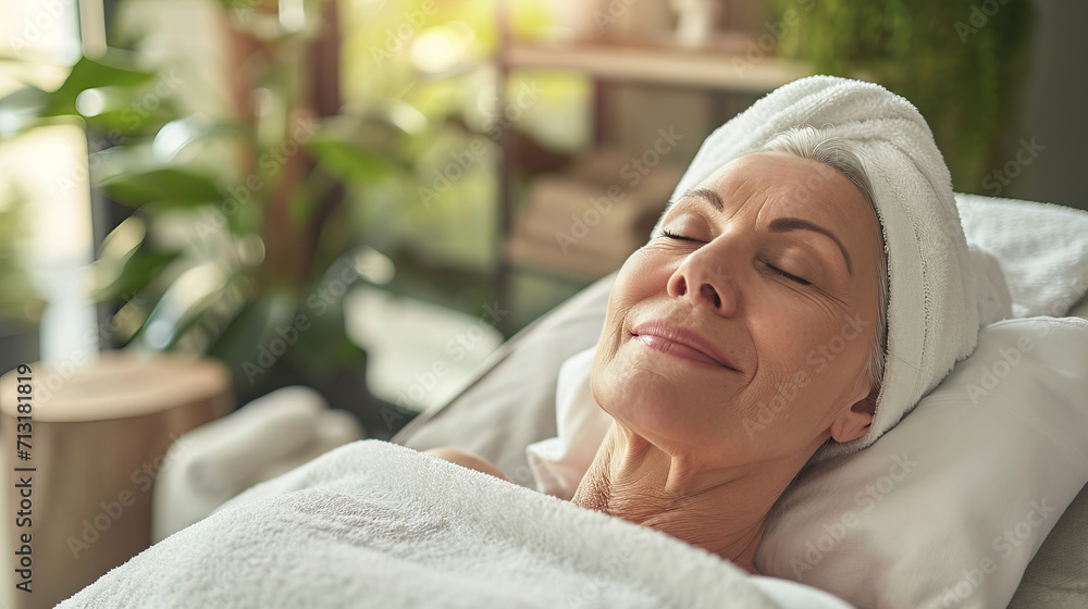 mature woman lying and relaxing in a luxury massage spa, closeup smile mature woman lying and relaxing in a luxury massage spa, closeup smile