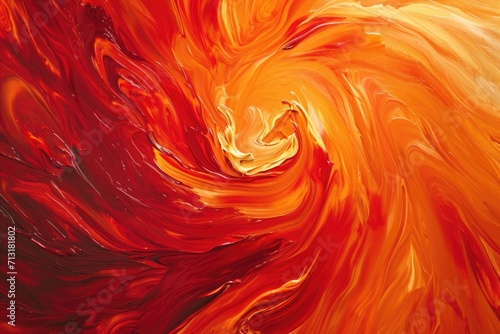 A vibrant painting depicting a swirling pattern of red and orange. Perfect for adding a burst of color to any space