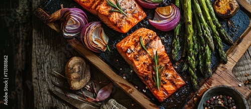 Grilled veggies on a charcoal grill Asparagus and onions caramelizing Salmon on a cedar wood plank grilling and smoking. Copy space image. Place for adding text