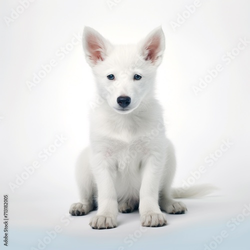 White Swiss Shepherd puppy sitting on white background. Studio shot. Isolated.AI.