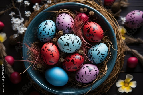 bird's eye view of a basket filled with beautifully colored Easter eggs resting on a plate. 