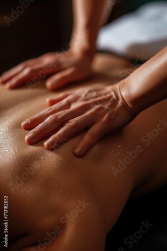 A woman receiving a relaxing back massage at a spa. This image can be used to promote wellness, self-care, and relaxation