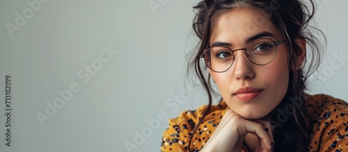 Pensive young student in spectacles making notes in copybook while watching webinar on laptop and learning new information Skilled copywriter analyzing content of web site making plan of work photo