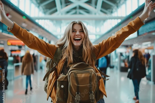 excited woman wears a backpack in the airport