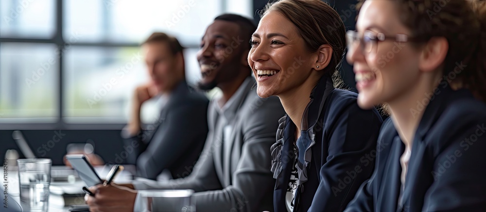 Group of multi ethnic executives discussing during a meeting Business man and woman sitting around table at office and smiling. Copy space image. Place for adding text Group of multi ethnic executives discussing during a meeting Business man and woman sitting around table at office and smiling. Copy space image. Place for adding text