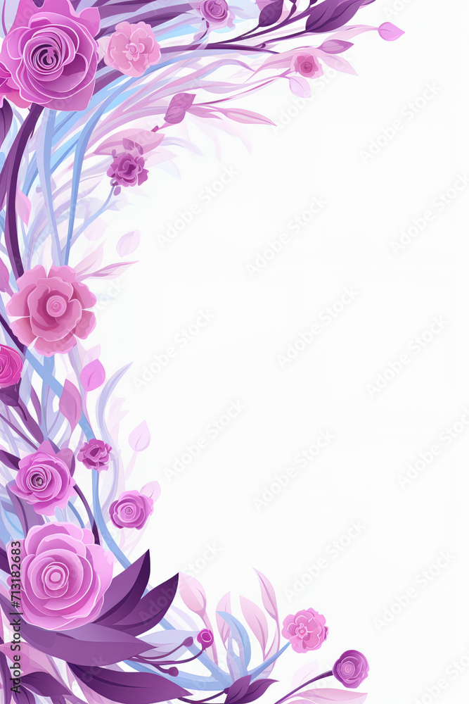 Greeting card mockup with March 8 holiday with decorative flowers in pink and purple tones, copy space