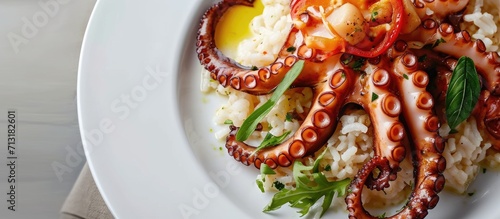 Octopus rice in the white dish. Copy space image. Place for adding text