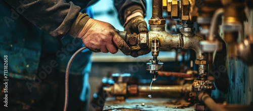 Professional plumber connects the high pressure hose with a wrench to the brass fittings Working environment in workshop during the connection of the gas installation. Copy space image © Ilgun