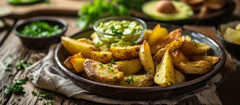 Trendy comfort snack crispy roasted crushed potatoes on a round plate with creamy avocado and garlic dip on a beige colored table cloth. Copy space image. Place for adding text